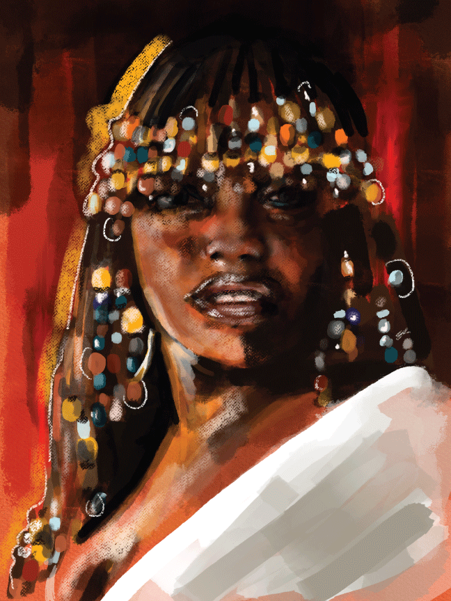 A digital painting of a Black woman adorned in vibrant, multicolored beaded bangs that cascade over her forehead and shoulders. She gazes confidently at the viewer, with rich, warm tones highlighting her skin. Her lips are slightly parted, and she wears a white garment draped over one shoulder. The background features deep reds and browns, enhancing the bold and regal mood of the portrait