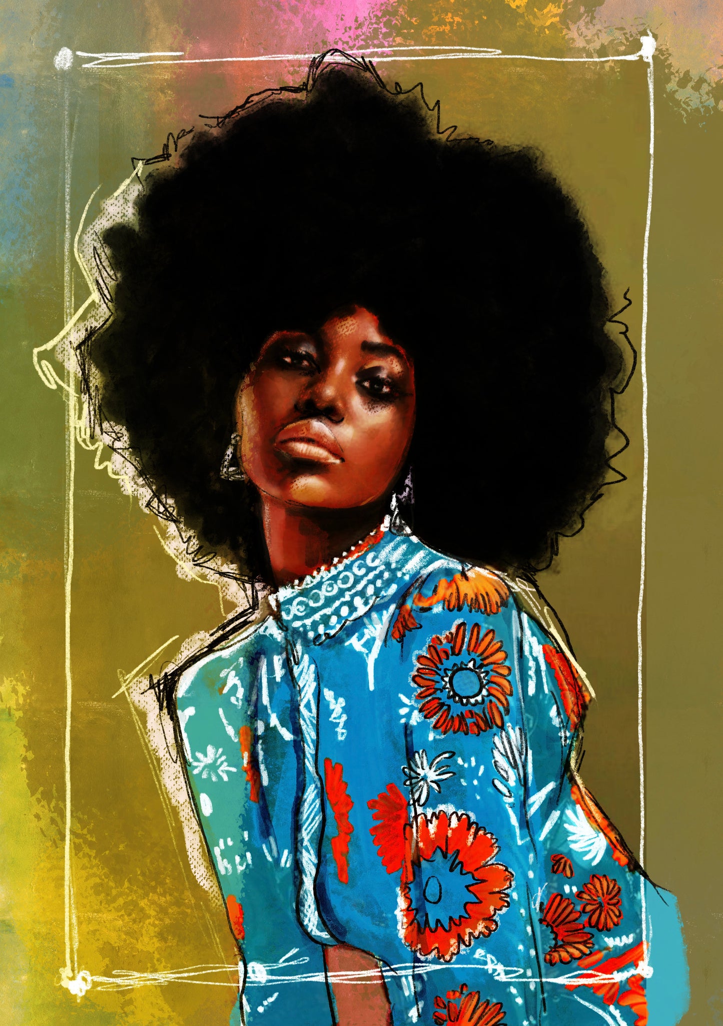 Artistic illustration of a woman with an afro wearing a colorful floral dress on a textured background.