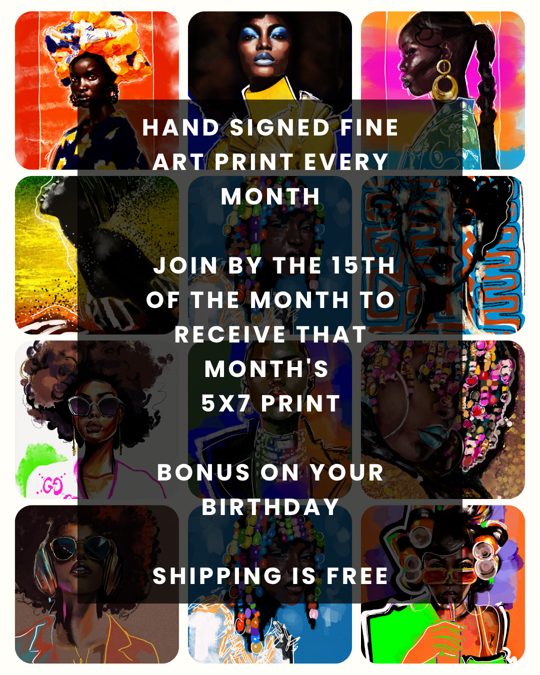 Promotional graphic for a monthly art print subscription with various artistic images of people.