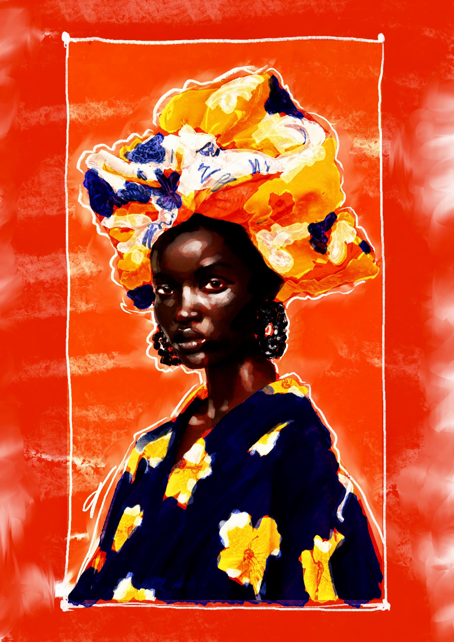 Artistic depiction of a woman with a floral headpiece against an orange background